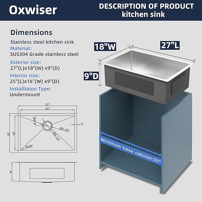 Kitchen Sink 27x18 Inch Undermount Kitchen Sinks Stainless Steel Sink 16 Gauge Single Bowl Sinks with Accessories