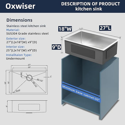 Kitchen Sink 27x18 Inch Undermount Kitchen Sinks Stainless Steel Sink 16 Gauge Single Bowl Sinks with Accessories