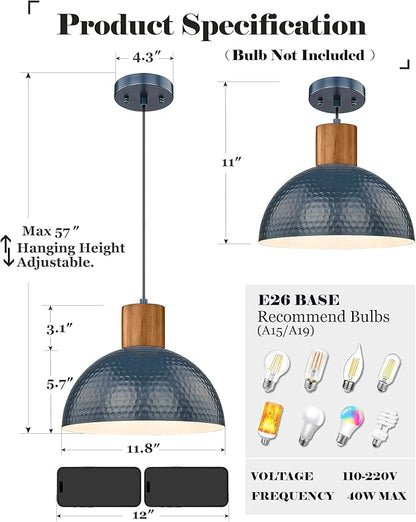 ELYONA Modern Hammered Pendant Light Fixtures with 12" Metal Shade Solid Wood Dome Hanging Pendant Light for Farmhouse Kitchen Island Dining Room Sink Bedroom Hallway Medium 2 Pack Blue