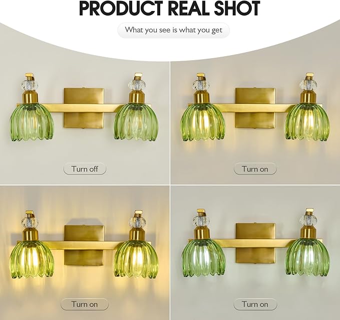 Vintage Gold Vanity Light 2 Lights Bathroom Lighting Fixture with Green Tulip Glass Shade Antique Brass Vanity Lights Over Mirror for Kitchen Bedroom Living Room Farmhouse