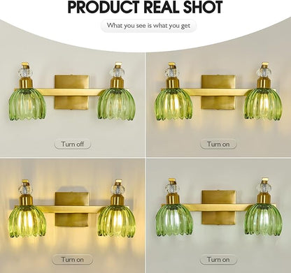 Vintage Gold Vanity Light 2 Lights Bathroom Lighting Fixture with Green Tulip Glass Shade Antique Brass Vanity Lights Over Mirror for Kitchen Bedroom Living Room Farmhouse