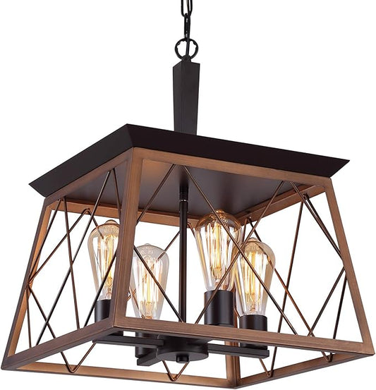 Q&S Farmhouse Rustic Chandeliers,Antique Geometric Industrial Hanging Light Bronze 4 Lights for Dining Room Kitchen Island Entryway Foyer Restaurant UL Listed