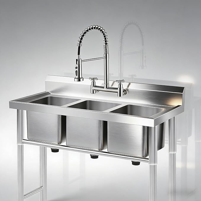 Wall Mount Faucet 8 Inch Center, with Pull Down Sprayer, Commercial Mixer Tap, High Arc Dual Handle Spring Kitchen Sink Faucets