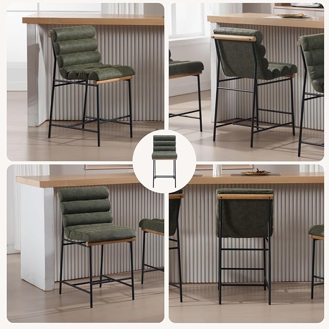 Green Pu Leather Bar stools Set of 6, 25” Modern Upholstered Counter stools with Black Metal Legs, Armless Counter Height Chairs with Channel Tufted Back for Kitchen Island Home Pub
