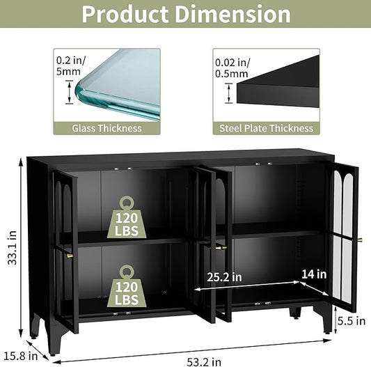 Foreate Sideboard Buffet Cabinet with Glass Door & LED Light, 53.2" Large Buffet Cabinet with Storage & Adjustable Shelf, Farmhouse Sideboard Credenzas Metal Kitchen Buffet, Black