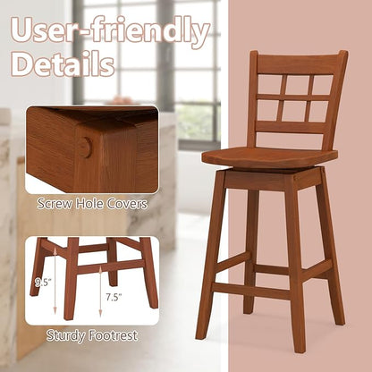 Giantex 24.5" Bar Stools Set of 2, Farmhouse Swivel Barstools with 6-Grid Hollow Back & Ergonomic Contoured Seat, Footrest, Wooden Counter Height Bar Stools for Kitchen Island, Bar, Cafe, Walnut