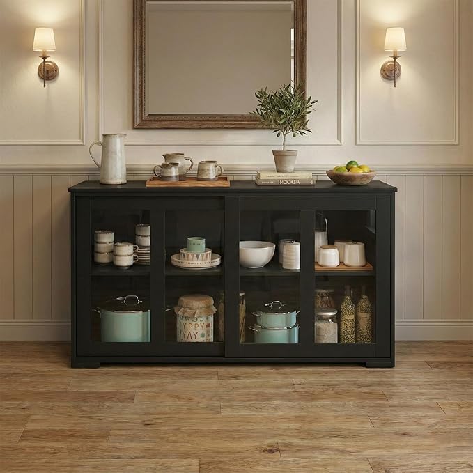 NAFORT Wooden Buffet Cabinet Sideboard with Sliding Doors, Kitchen Storage Console Table, Accent Coffee Bar with Adjustable Shelf for Living Room, Dining Room (Black, 13" D x 42" W x 24.5" H)