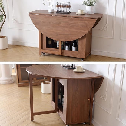 COMUHOME 47.3" Round Folding Dining Table for 4-8, Wood Kitchen Foldable Table Large Drop Leaf Dinner Table with Storage Shelf Metal Legs for Home Dining Room Living Room in Walnut