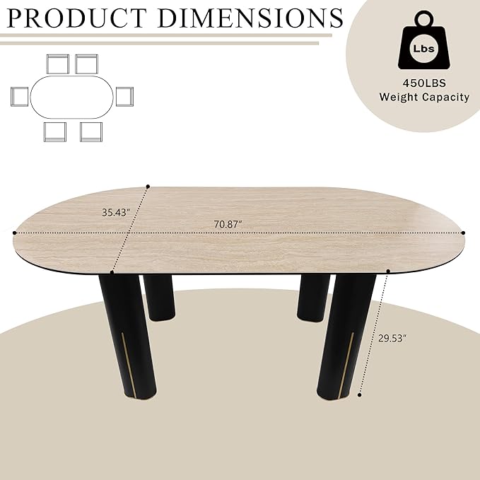 71'' Modern Dining Table for 4-6, Luxury Oval Sintered Stone Kitchen Table with Solid Wood Legs, Mid-Century Farmhouse Dining Room Table for Living Room