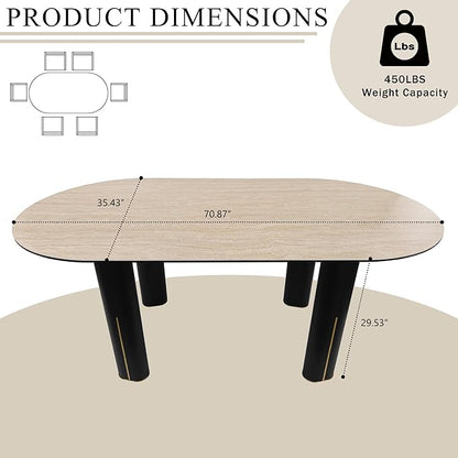 71'' Modern Dining Table for 4-6, Luxury Oval Sintered Stone Kitchen Table with Solid Wood Legs, Mid-Century Farmhouse Dining Room Table for Living Room