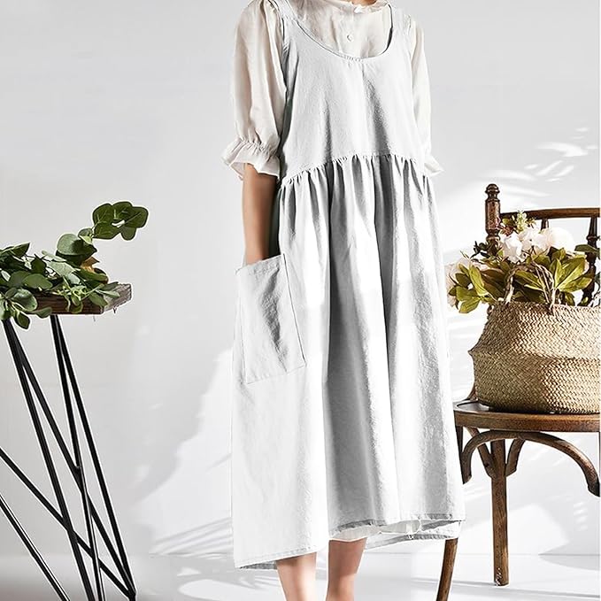 Cityelf Vintage Pinafore Apron Dress Snap Adjust Linen Cotton with Pockets Floral Aprons for Cooking Gardening