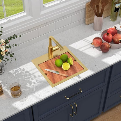 15 Outdoor Kitchen Sink with Faucet- Beslend Gold Drop In Outdoor Bar Sink with Pull-Out Faucet and Cover, 16 Gauge Stainless Steel Kitchen Sinks Workstation Single Bowl Above Counter Indoor Outdoor