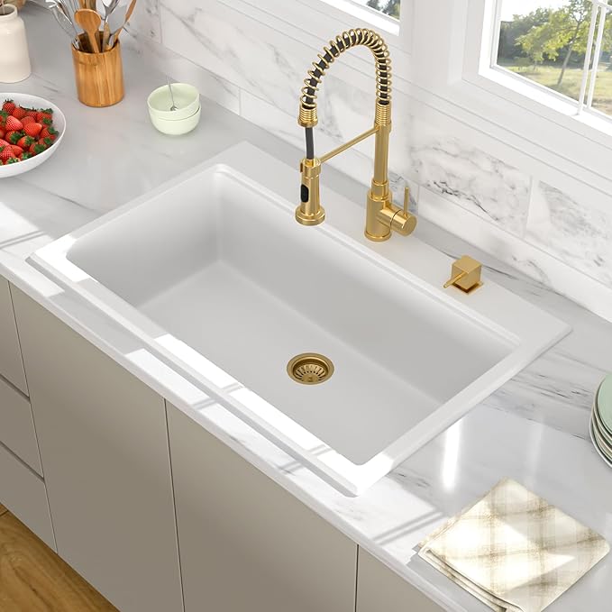 33x22 Inch White Composite Drop In Kitchen Sink Granite Composite Kitchen Sink Workstation Topmount Luxury Above Counter Single Bowl Sink Basin