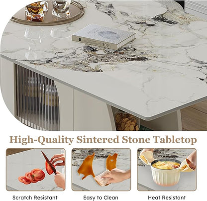 63" Modern Dining Table for 4-6, Sintered Stone with Storage, Solid Wood Base