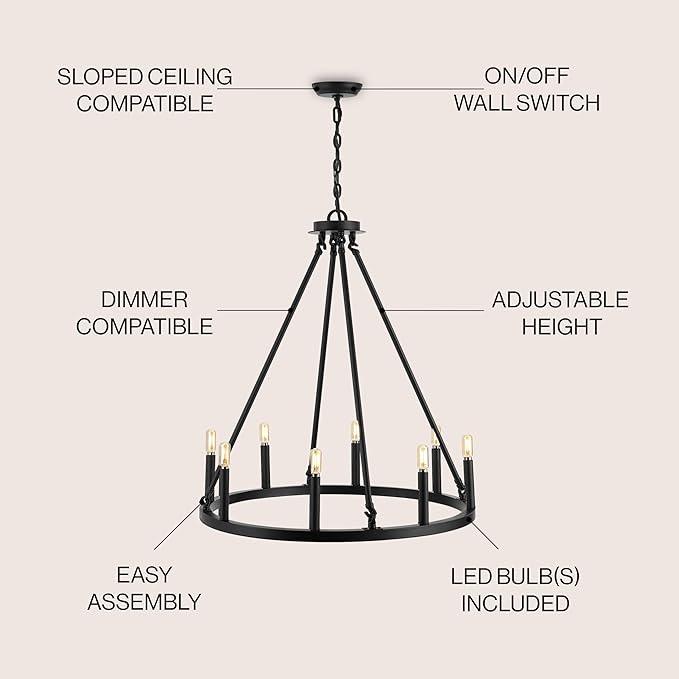 JONATHAN Y 28" Oil Rubbed Bronze 8-Light Wagon Wheel Chandelier, Classic Industrial Iron Ring Pendant for Dining Room, Kitchen, Foyer, Rustic Farmhouse Hanging Light, LED Bulbs Included JYL7496A