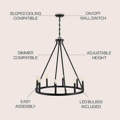 JONATHAN Y 28" Oil Rubbed Bronze 8-Light Wagon Wheel Chandelier, Classic Industrial Iron Ring Pendant for Dining Room, Kitchen, Foyer, Rustic Farmhouse Hanging Light, LED Bulbs Included JYL7496A