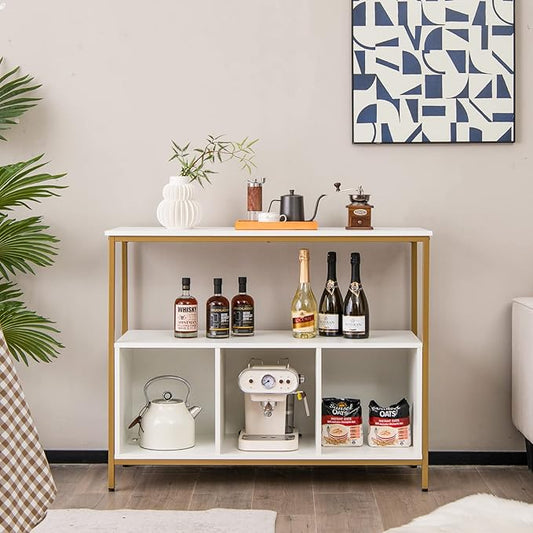 LOKO Buffet Cabinet with Open Shelves, Freestanding Kitchen Cabinet with 3-Cube Compartments, Coffee Bar Credenza Sideboard, 43.5 x 17 x 35 inches (White)