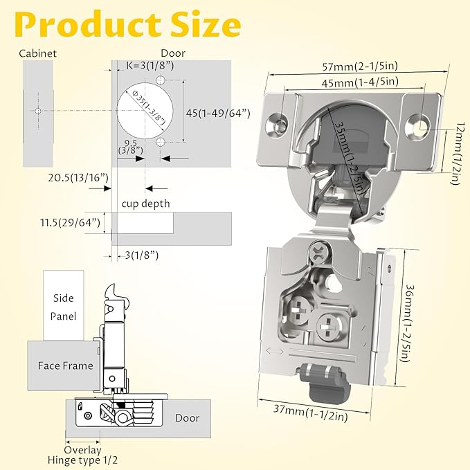 Onemake 60 Pack 1/2" Overlay Soft Close Cabinet Hinges, Clip-on Plate, 105° Smooth Slow Self Closing, 3D Adjustment, Face Frame Concealed Hardware Replacement, Hidden Hinge for Kitchen Cupboard