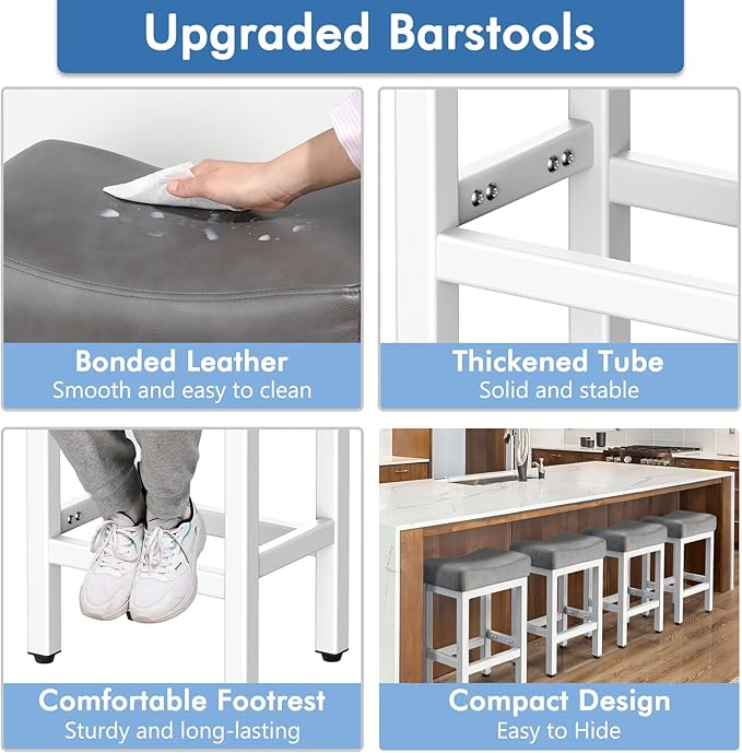 Raynesys Counter Height Bar Stools Set of 2, 24 Inch Barstools for Kitchen Island Counter, Bonded Leather Kitchen Stools with Thick Saddle Seats & Heavy Duty Metal Base, Easy Assembly, Gray/White