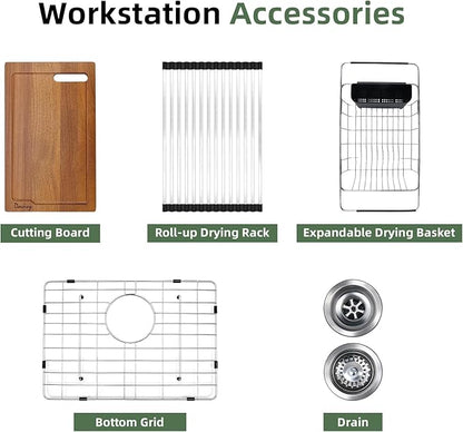 Davivy 24 Inch Black Granite Composite Kitchen Sink Workstation, 24 x 18 Black Undermount/Drop In Kitchen Sink, Deep Quartz Single Bowl with Accessories
