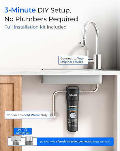 Waterdrop 10UA Under Sink Water Filter System, Reduces PFAS, PFOA/PFOS, Lead, Chlorine, Bad Taste & Odor, Under Counter Water Filter Connects Directly to Your Faucet, NSF/ANSI 42 Certified, 1 Year