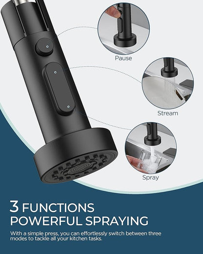 FORIOUS Black Kitchen Faucet with Pull Down Sprayer, Stainless Steel Single Handle Classic Spring Commercial Sink Faucet for Laundry & Utility Room RV Camper Bar Farmhouse