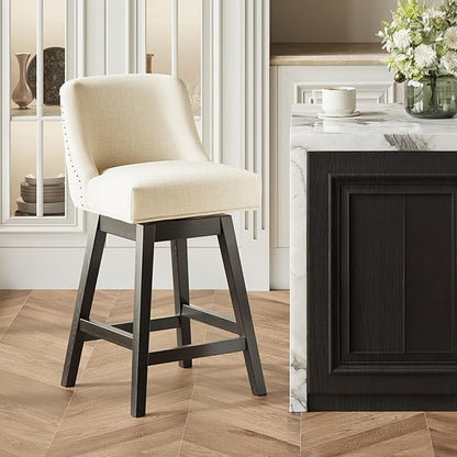 MALOL Swivel Bar Stools Set of 6, 27" Counter Height Kitchen Stools with Padded Seats and Solid Wood Legs, Upholstered Barstools for Kitchen Island, Breakfast Nook (Beige)