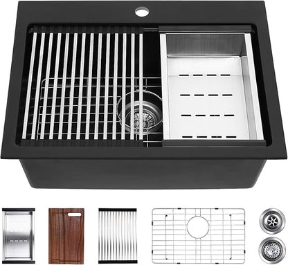 Davivy 25 Inch Black Granite Composite Kitchen Sink Workstation, Quartz Kitchen Sink Black, Drop in & Undermount Installation, Single Bowl Design with Accessories