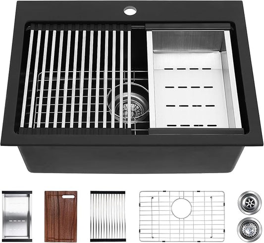Davivy 25 Inch Black Granite Composite Kitchen Sink Workstation, Quartz Kitchen Sink Black, Drop in & Undermount Installation, Single Bowl Design with Accessories