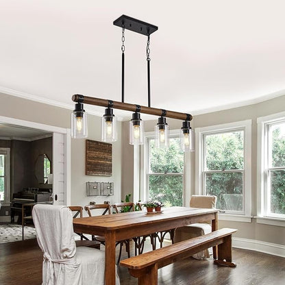 Dining Room Chandelier Over Table, 5-Light Farmhouse Kitchen Island Lighting, Matte Black Rustic Wood Chandelier with Clear Glass Shade, Ceiling Pendant Light Fixture for Kitchen