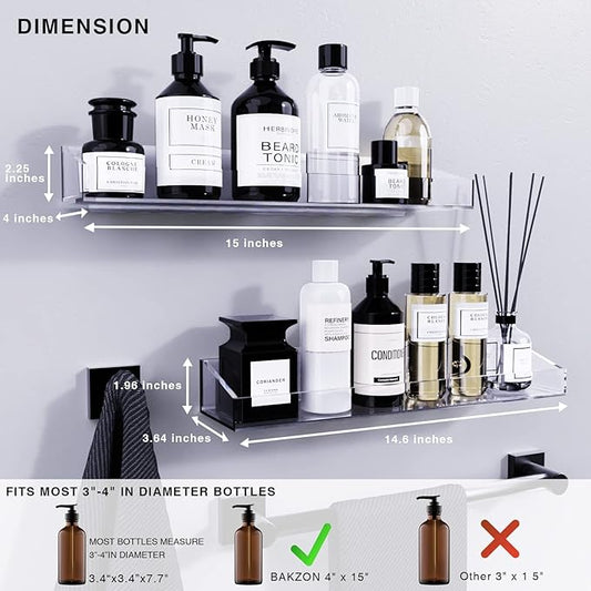Bakzon Acrylic Shower Shelves 2 Pack, Adhesive Bathroom Shelves No Drill, Clear Acrylic Shower Caddy Wall Mounted Organizer for Inside Shower, Bathroom Storage Shelf