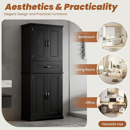 Merax 72" Tall Kitchen Pantry Storage Cabinet, Farmhouse Freestanding Large Cupboard with One Drawer, Bathroom Cabinet with Adjustable Shelves, 6 Door-Shelf for Dining Room, Black