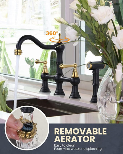 WOWOW Bridge Kitchen Faucet with Side Sprayer, Solid Brass Kitchen Sink Faucet Black and Gold, 4 Hole Two Handle Centerset Mixer Taps Farmhouse Style