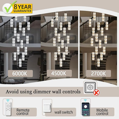 ykolupty H110 Chandelier for High Ceiling 16-Lights Crystal Chandeliers with Remote Large Pendant Light for Living Room Staircase Villa