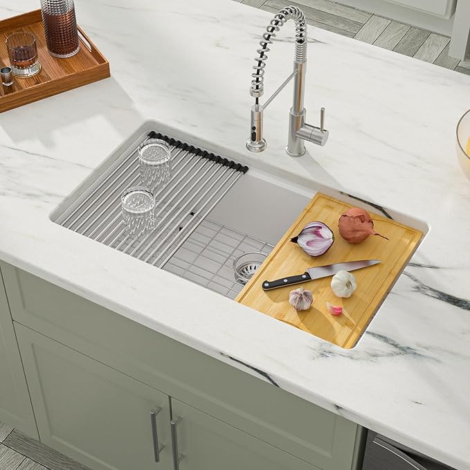 Dcolora 33 In. White Granite Composite Undermount Kitchen Sink Single Bowl Workstation, Quartz 33 Inch Kitchen Sink, 33" x 19" x 9.65" #DC-GU2514