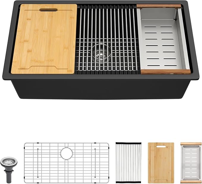 Lordear 30 Black Undermount Kitchen Sink Granite Composite 30X19 Inch Undermount Workstation Sinks Quartz Black Deep Single Bowl Sink