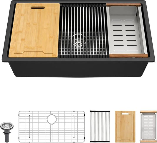 Lordear 30 Black Undermount Kitchen Sink Granite Composite 30X19 Inch Undermount Workstation Sinks Quartz Black Deep Single Bowl Sink