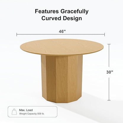 Casaphoria 46" Round Dining Table, Modern Wood Kitchen Table with Cylinder Polygonal Base for Living Room & Dining Room, Easy Assembly Farmhouse Furniture for 4-6, Oak