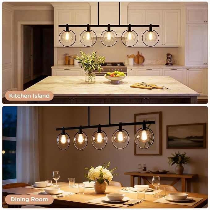 ropelux Dining Room Light Fixture, 5-Light Chandelier for Kitchen Island Over Table with E12 Socket(Bulb not Included), Black Rustic Hanging Pendant Light Fixtures with Clear Gray-Tinted Lampshade