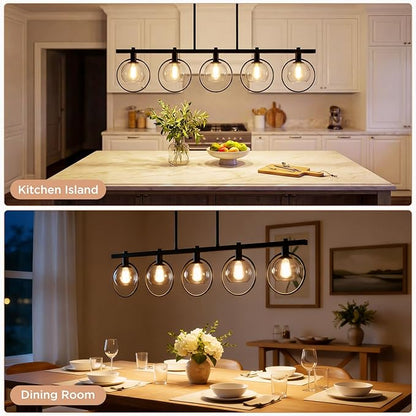 ropelux Dining Room Light Fixture, 5-Light Chandelier for Kitchen Island Over Table with E12 Socket(Bulb not Included), Black Rustic Hanging Pendant Light Fixtures with Clear Gray-Tinted Lampshade