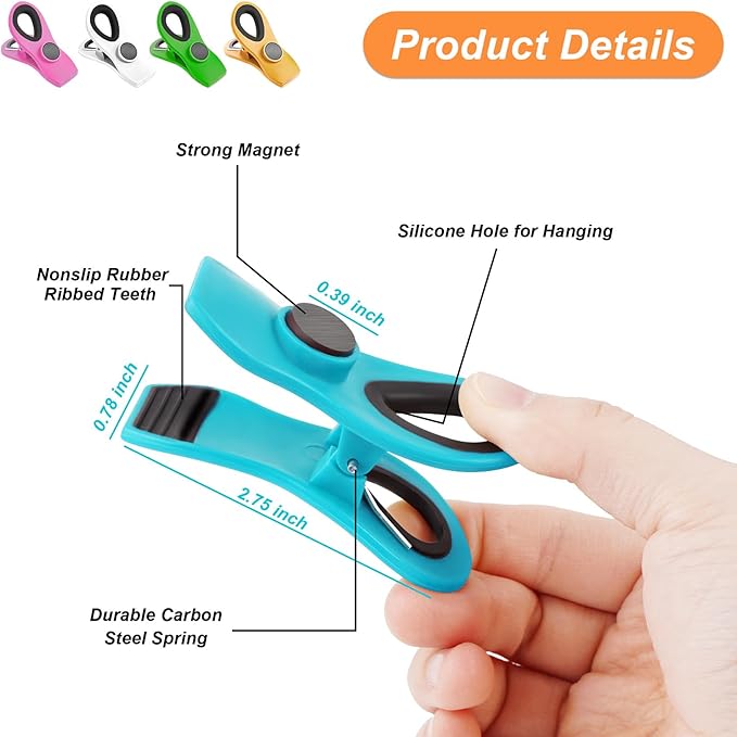 Jetmore 12 Pack Chip Clips Bag Clips, Office Paper Clamps, Magnetic Food Clip for Bread Bag, Refrigerator, Snack, Kitchen, Office, Packages, Colorful Plastic Clip Heavy Duty