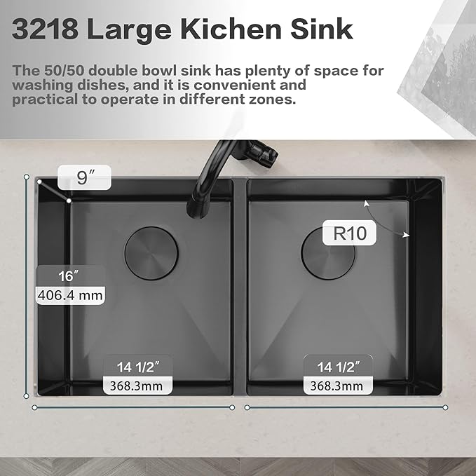 LQS Black Undermount Kitchen Sink 32 Inch, Black Kitchen Sink Undermount 32" x 18", 50/50 Double Bowl 16 Gauge Stainless Steel Sinks with Roll-up Dying Rack and Accessories, R10 Round Corner