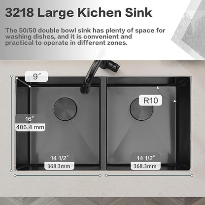 LQS Black Undermount Kitchen Sink 32 Inch, Black Kitchen Sink Undermount 32" x 18", 50/50 Double Bowl 16 Gauge Stainless Steel Sinks with Roll-up Dying Rack and Accessories, R10 Round Corner