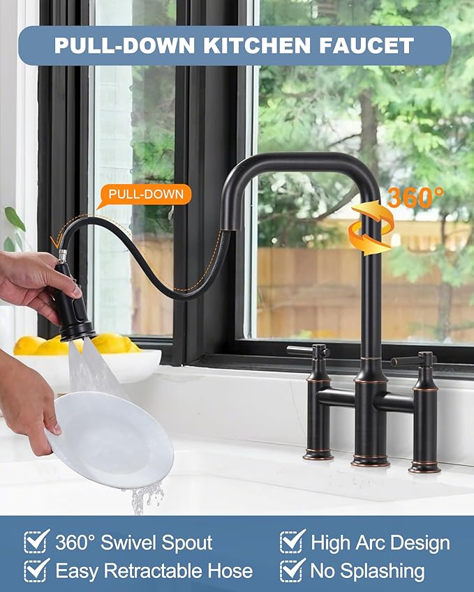 Bridge Faucet for Kitchen Sink Bronze: 3 Hole Solid Brass Farmhouse Kitchen Faucet with Pull Down Sprayer, 2 Handle 8 Inch Centerset High Arched Faucet with 360° Swivel Spout, Oil Rubbed Bronze