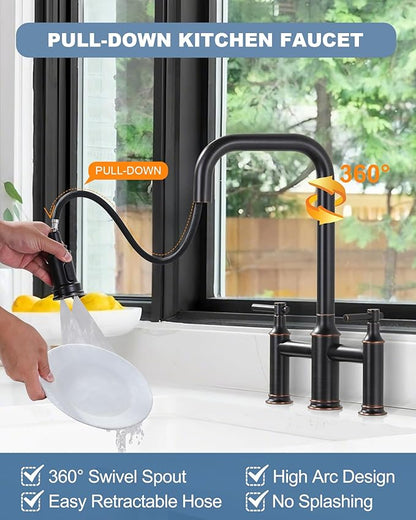 Bridge Faucet for Kitchen Sink Bronze: 3 Hole Solid Brass Farmhouse Kitchen Faucet with Pull Down Sprayer, 2 Handle 8 Inch Centerset High Arched Faucet with 360° Swivel Spout, Oil Rubbed Bronze