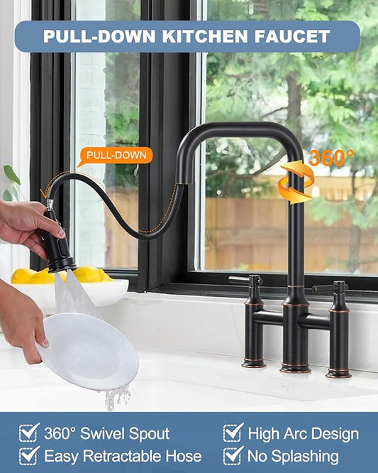 Bridge Faucet for Kitchen Sink Bronze: 3 Hole Solid Brass Farmhouse Kitchen Faucet with Pull Down Sprayer, 2 Handle 8 Inch Centerset High Arched Faucet with 360° Swivel Spout, Oil Rubbed Bronze