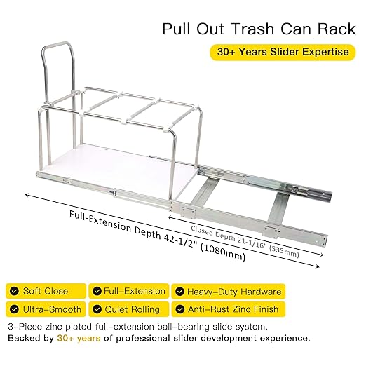 Pull Out Trash Can Rack for Cabinet Kitchen, Adjustable Soft-Close Heavy Duty Steel Frame, Narrow Garbage Bin Holder with Solid Bottom Base Under Counter, 11" W, No Bin