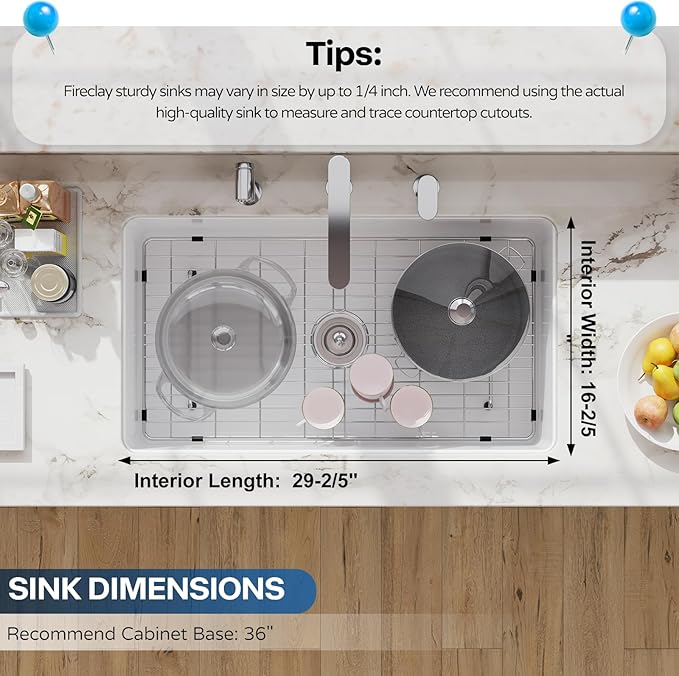 32 White Undermount Kitchen Sink, Hugsleek Topmount & Undermount Kitchen Sink 32x19 inch White Porcelain Ceramic Fireclay Sinks Dual Mount Accessories Single Bowl Under Counter Sinks Basin Drop In