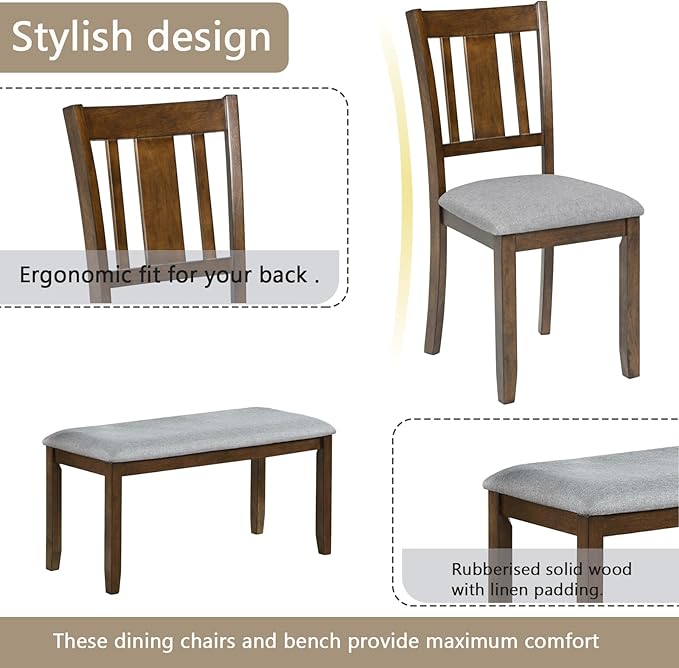 6-Piece Wooden Dining Table Set with 4 Upholstered Chairs and 1 Bench, Rectangular Kitchen Table Set for 7 People, Modern Dining Room Table for Kitchen and Dining, Walnut