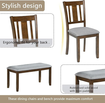 6-Piece Wooden Dining Table Set with 4 Upholstered Chairs and 1 Bench, Rectangular Kitchen Table Set for 7 People, Modern Dining Room Table for Kitchen and Dining, Walnut